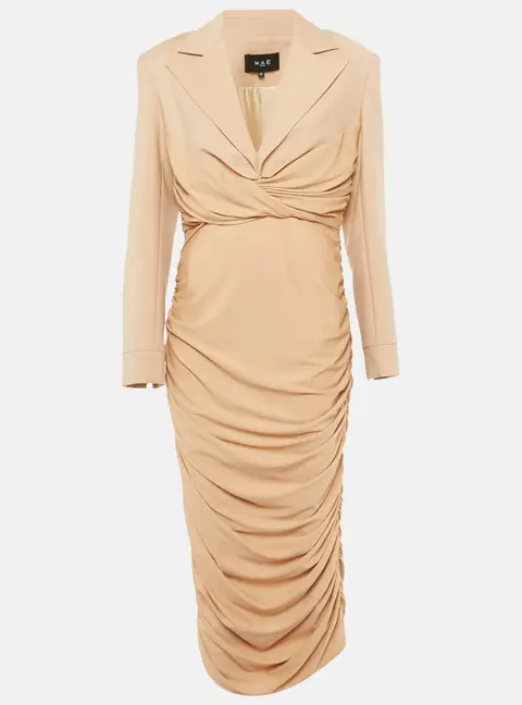 Mae Beige Wool Blend and Jersey Ruched Fatal Midi Dress L
