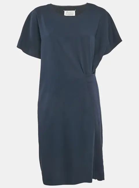 Maison Martin Margiela Navy Blue Rib Knit Trim Crepe Short Dress L