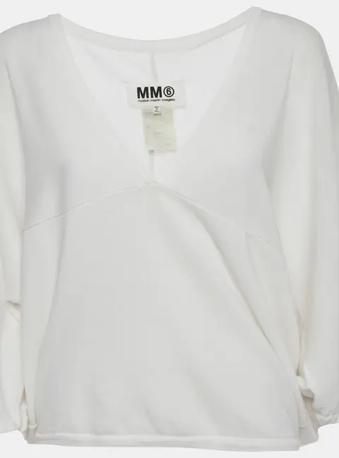 MM6 Maison Margiela White  Jersey V-Neck Long Sleeve Top M