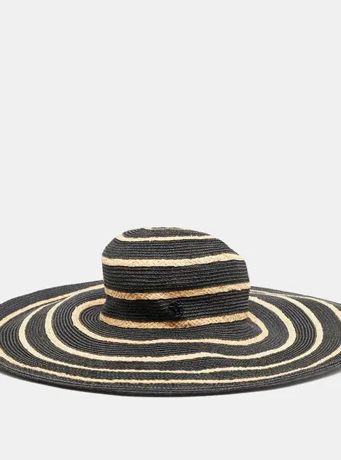 Maison Michel Paris Black Striped Straw Ursula Hat L
