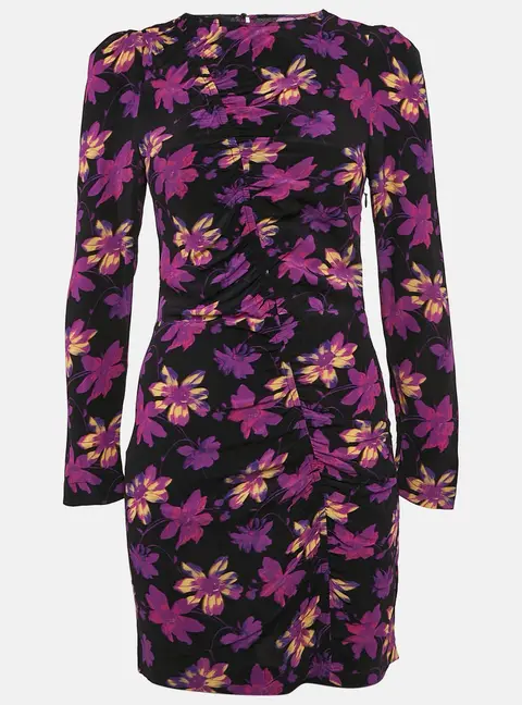 Maje Black Floral Ruched Long Sleeve Mini Dress S