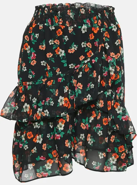 Maje Black Floral Print Ruffled Jupe Imprime Mini Skirt L