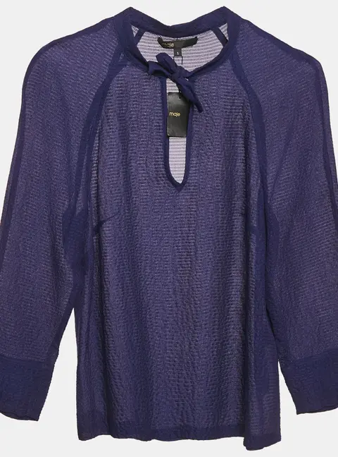 Maje Navy Blue Textured Silk Tie-Up Neck Detail Top S