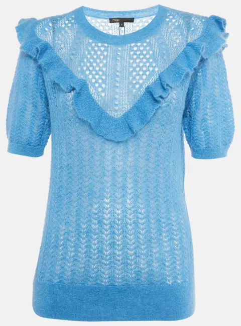Maje Blue Mohair Wool Open Knit Ruffled Top L