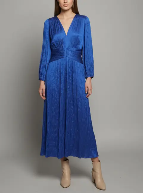 Maje Blue Satin Pleated Raleyma Maxi Dress XL