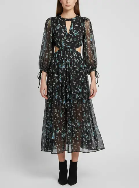 Maje Black Floral Print Chiffon Cut-out Maxi Dress S