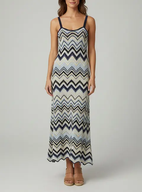 Maje Blue Metallic Chevron Crochet Knit Maxi Dress M