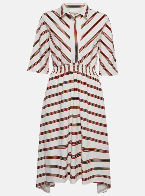 Maje White/Red Striped Gabardine Asymmetric Midi Dress XL