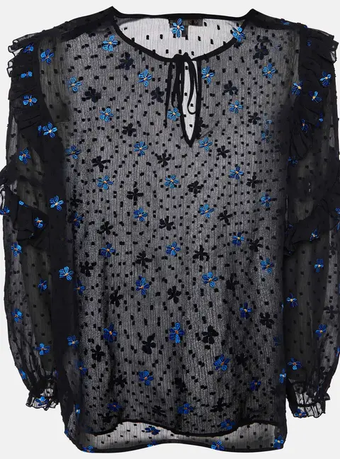 Maje Black Dotted Embroidered Crepe Ruffled Top L
