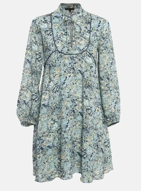 Maje Blue Printed Crepe Neck Tie-Up Mini Dress XS