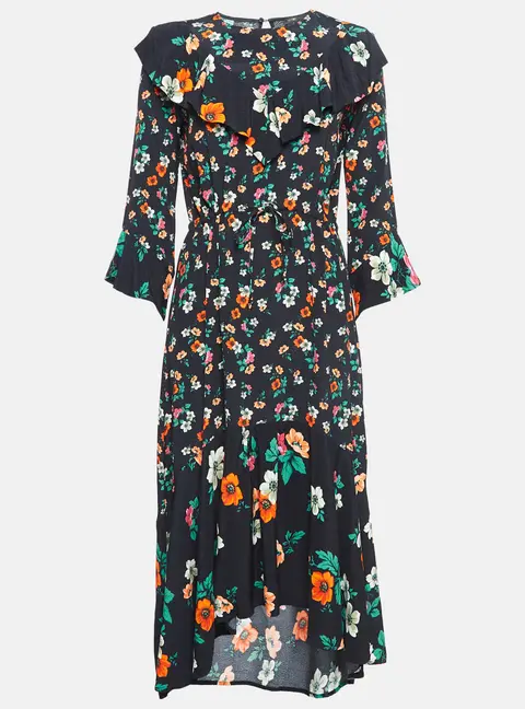 Maje Black Floral Print Crepe Ruffled Midi Dress M
