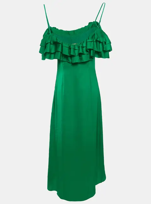 Maje Green Satin Ruffled Rovanta Midi Dress L