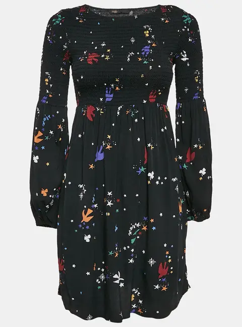 Maje Black Bird and Star Print Crepe Smocked Reskita Mini Dress XS