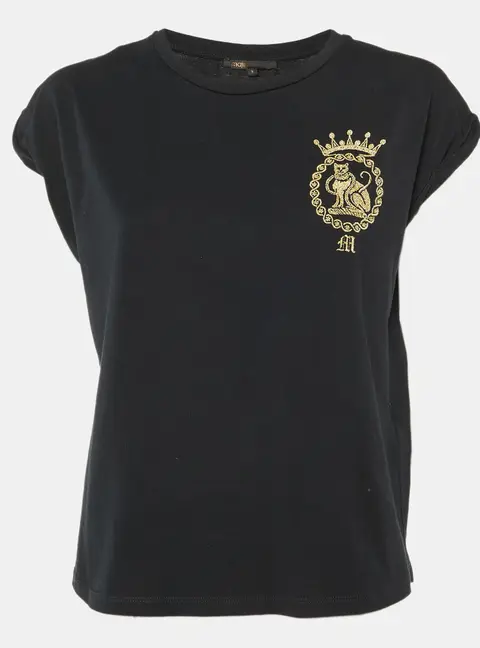 Maje Black Cotton Embroidered Torino Crew Neck T-Shirt L