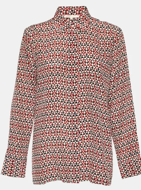 Maje Tricolor Geometric Print Silk Button Front Shirt L