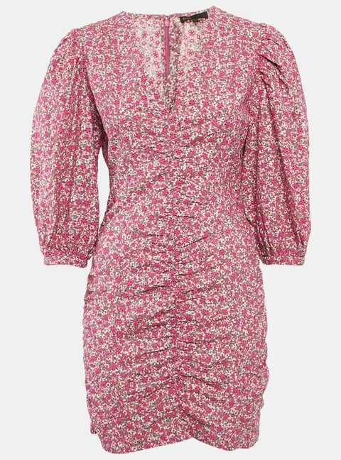 Maje Fuchsia Pink Floral Print and Embroidery Puff Sleeve Mini Dress L