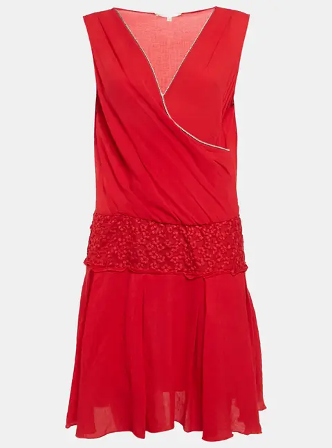 Maje Red Embroidered Tulle Trim Crepe Short Dress M