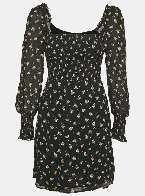 Maje Black Floral Print Crepe Smocking Detail Mini Dress M
