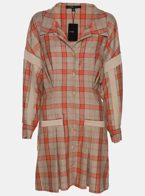 Maje Beige/Orange Check Wool Blend Knit Shirt Dress M