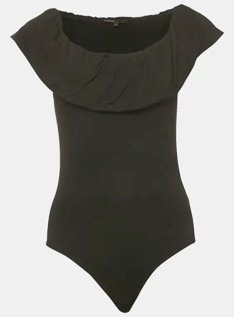 Maje Black Jersey Ruffled Off-Shoulder Bodysuit L