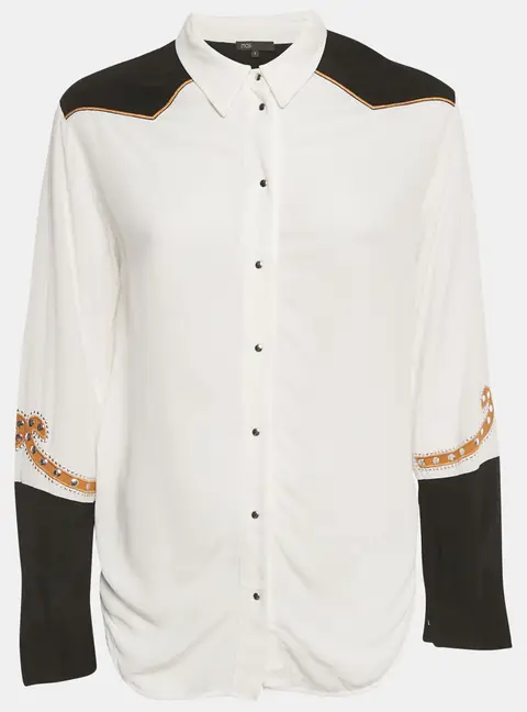 Maje White & Black Love Embroidered Crepe Chesti Shirt S