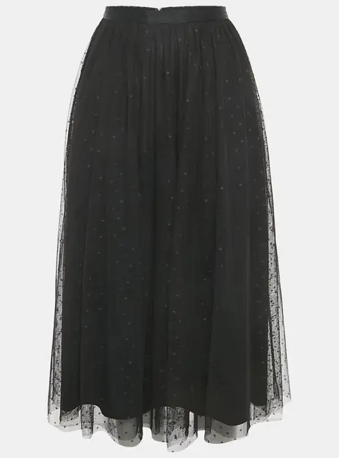 Needle & Thread Black Patterned Tulle Flared Midi Skirt S