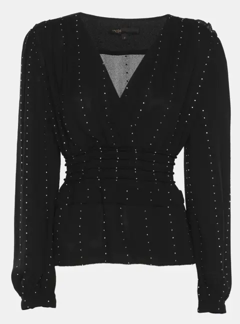 Maje Black Creep Crystal Embellished V Neck Top S
