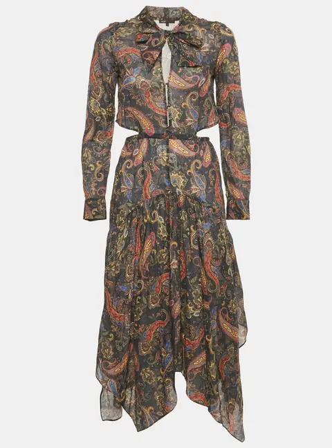 Maje Blue Paisley Print Citton Cut-Out Asymmetric Midi Dress S