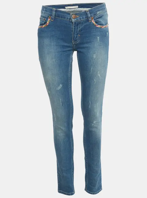 Maje Blue Distressed Demin Embellished Trim Low Waist Jeans XS Waist 28"