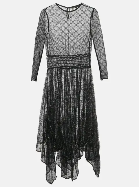 Maje Black Glittered Stretch Mesh Sheer Handkerchief Midi Dress S