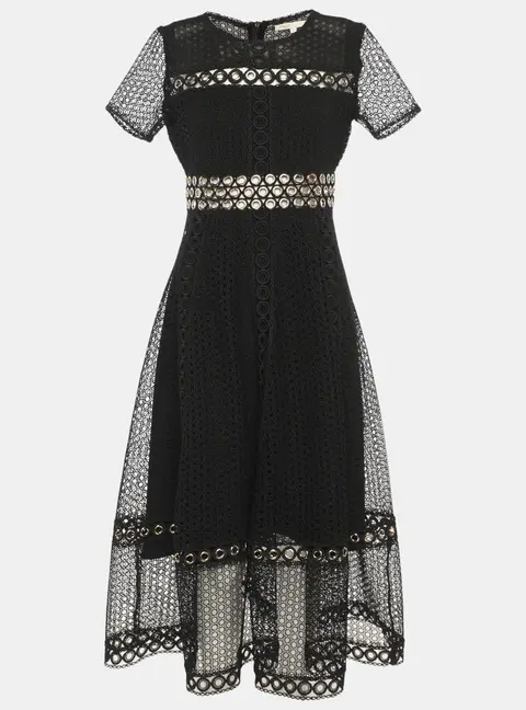 Maje Black Lace Grommet Short Sleeve Midi Dress S
