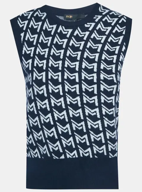 Maje Blue Monogram Jacquard Sleeveless Sweater S