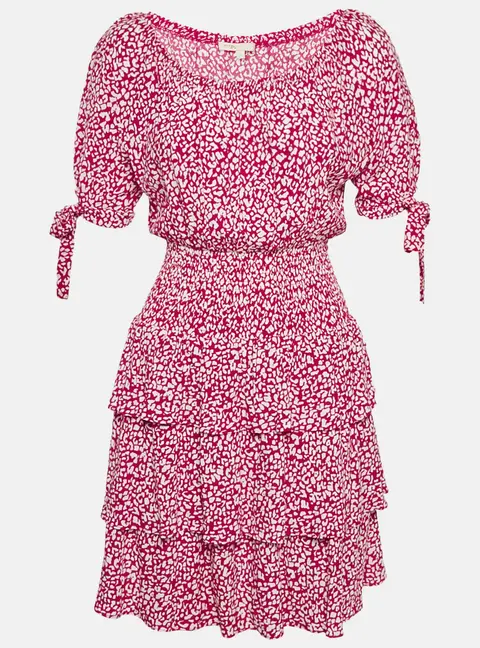 Maje Red Animal Printed Crepe Tiered Off-Shoulder Mini Dress S