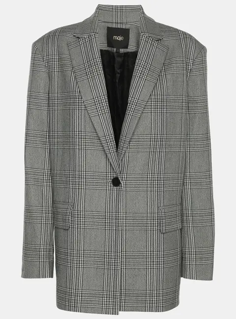 Maje Grey Checked Gabbardine Single Breasted Blazer S