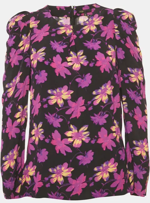 Maje Black Floral Print Crepe Puff Sleeve Blouse L