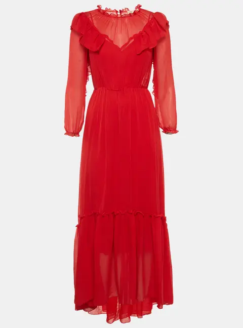 Maje Red Chiffon Ruffle Maxi Dress S