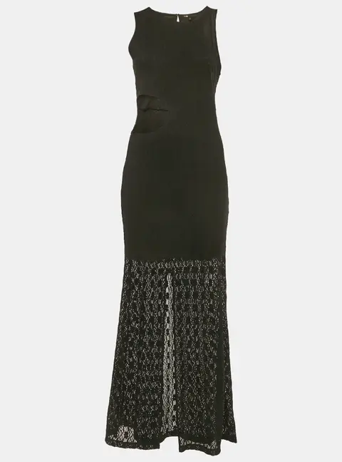 Maje Black Semi Sheer Stretch Lace Cutaway Maxi Dress L