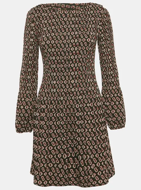 Maje Black Logo Print Crepe Shirring Mini Dress M
