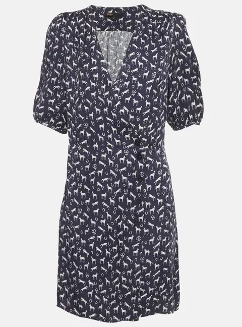 Maje Navy Blue Horse Print Jacquard Mini Wrap Dress M