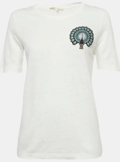 Maje White Cotton Knit Peacock Patch Detail T-Shirt S