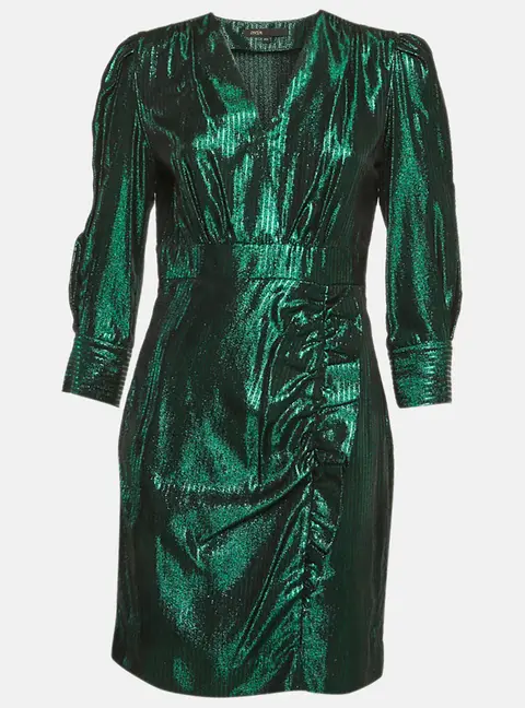 Maje Green Herringbone Lurex Frilled Mini Dress L