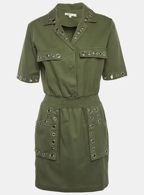 Maje Olive Green Denim Eyelet Detail Ramil Mini Dress M