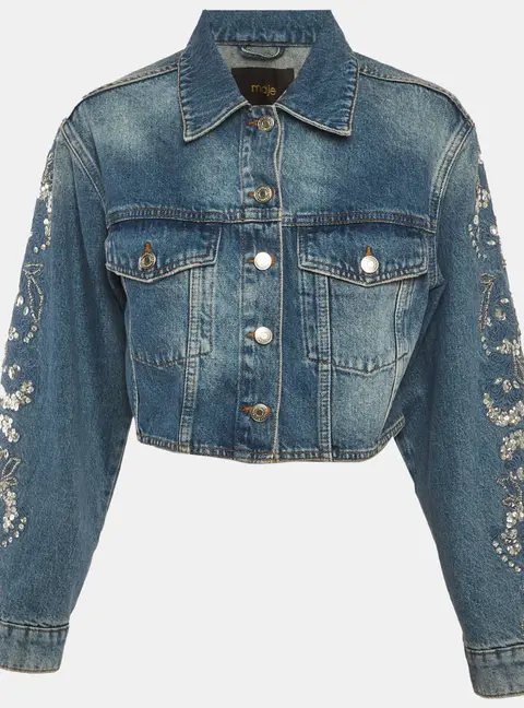 Maje Blue Denim Embellished Cropped Jacket S