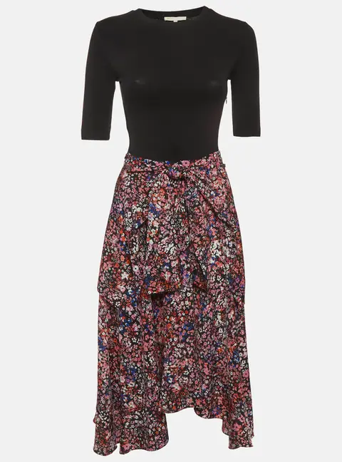 Maje Black Floral Print Jersey and Crepe Flared Midi Dress S