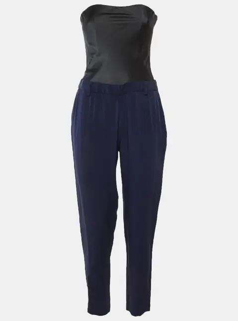 Maje Navy Blue/Black Crepe & Satin Strapless Jumpsuit S