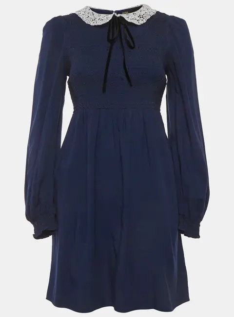 Maje Navy Blue Synthetic Smocked Guipure Collar Mini Dress M