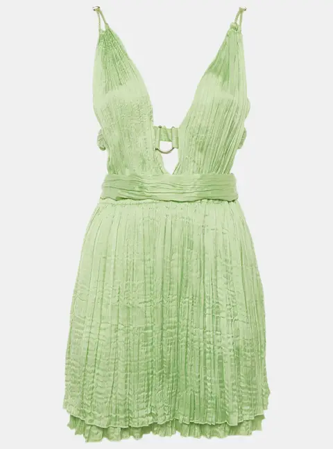 Maje Lime Green Satin Pliss&eacute; Plunge Neck Mini Dress S