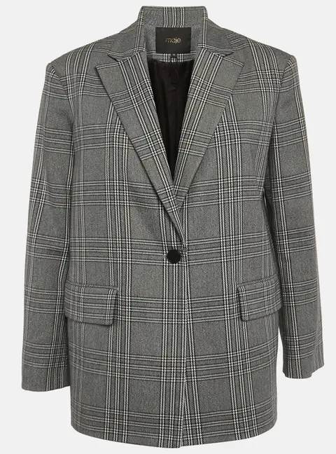Maje Grey Plaid Wool Blend Regular Fit Blazer S