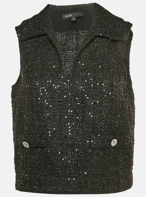 Maje Black Sequin Tweed Sleeveless Top M