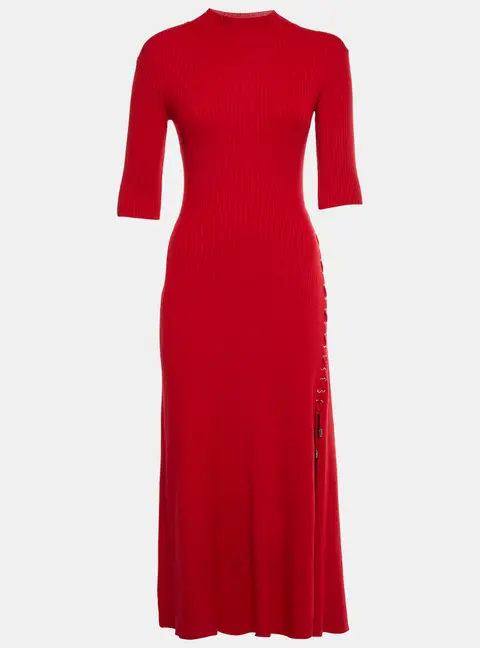 Maje Red Rib Knit Lace Detail Midi Dress XS